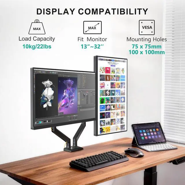 Alt view image 2 of 7 - WALI Dual Monitor Stand for 13-32 inch Computer Screens, Dual Monitor Arms for 2 Monitors Holds up to 22 lbs, Height Adjustable Gas Spring Dual Monitors Mount, VESA 75x75/100x100mm (GSMP002N), Black