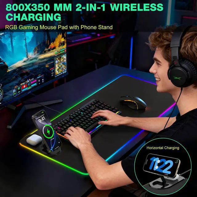 Alt view image 2 of 7 - RGB Gaming Mouse Pad Wireless Charging Desk Mat with Foldable Phone Stand, Large LED Gaming Mat 800x350x4mm, 15 Light Modes, Waterproof, Keyboard Pad for PC Computer, Includes 20W PD Power Adapter