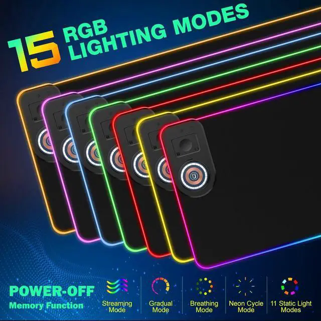 Alt view image 5 of 7 - RGB Gaming Mouse Pad Wireless Charging Desk Mat with Foldable Phone Stand, Large LED Gaming Mat 800x350x4mm, 15 Light Modes, Waterproof, Keyboard Pad for PC Computer, Includes 20W PD Power Adapter