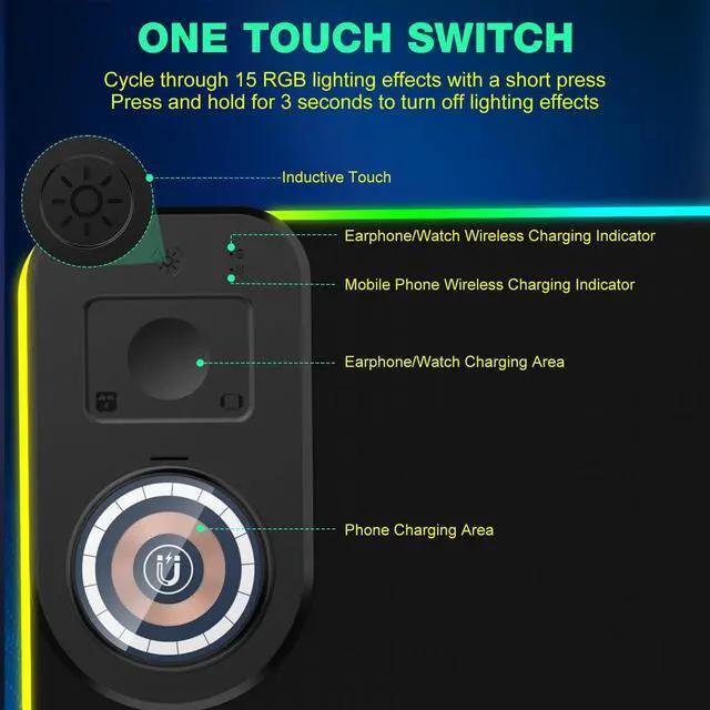 Alt view image 6 of 7 - RGB Gaming Mouse Pad Wireless Charging Desk Mat with Foldable Phone Stand, Large LED Gaming Mat 800x350x4mm, 15 Light Modes, Waterproof, Keyboard Pad for PC Computer, Includes 20W PD Power Adapter
