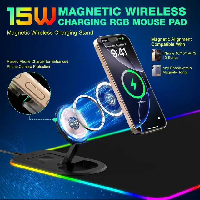 Alt view image 3 of 7 - RGB Gaming Mouse Pad Wireless Charging Desk Mat with Foldable Phone Stand, Large LED Gaming Mat 800x350x4mm, 15 Light Modes, Waterproof, Keyboard Pad for PC Computer, Includes 20W PD Power Adapter