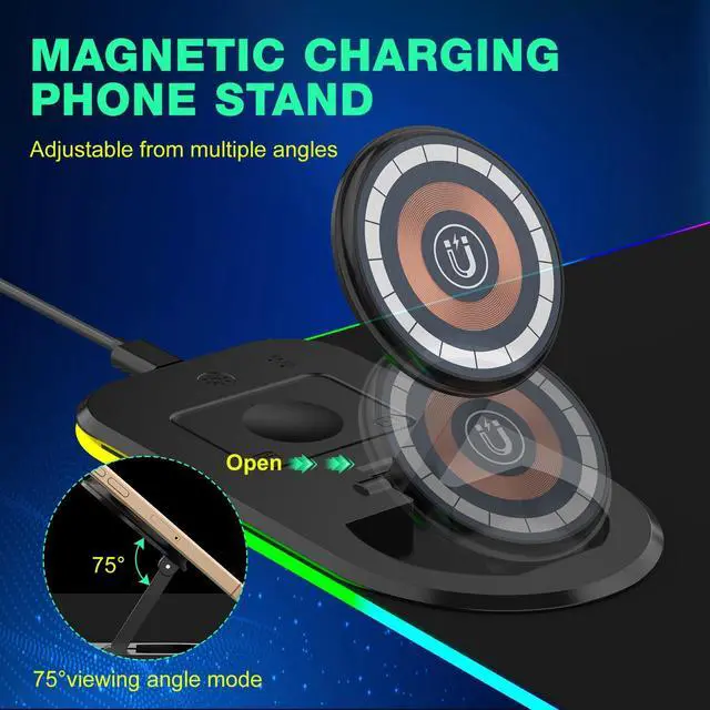 Alt view image 4 of 7 - RGB Gaming Mouse Pad Wireless Charging Desk Mat with Foldable Phone Stand, Large LED Gaming Mat 800x350x4mm, 15 Light Modes, Waterproof, Keyboard Pad for PC Computer, Includes 20W PD Power Adapter