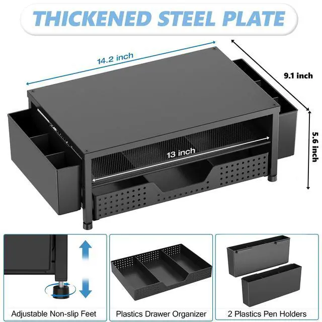 Alt view image 7 of 7 - Desk Organizers and Accessories, Computer Monitor Stand Riser with Drawer and 2 Pen Holders, Laptop Stand, Office Desk Accessories & Workspace Organizers for Home Office Supplies, Black