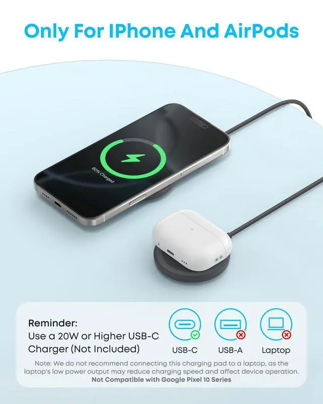 Alt view image 6 of 6 - Zolo Magnetic Wireless Charger, 2-Pack Qi2 Certified 15W MagSafe-Compatible Wireless Charging Pad, for iPhone 17/16/15/14/13 Series, AirPods, and More (Not for Pixel, Adapter Not Included)