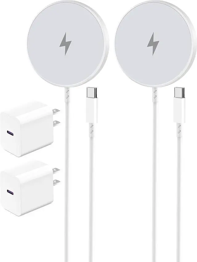 Main image of Magnetic Wireless Charger for Apple iPhone 17/16/15/14/13/12/11/AirPods, 2-Pack Fast Charging Long Cable 10ft Magnet Pad & 2-Pack Type-c Charger Block, White