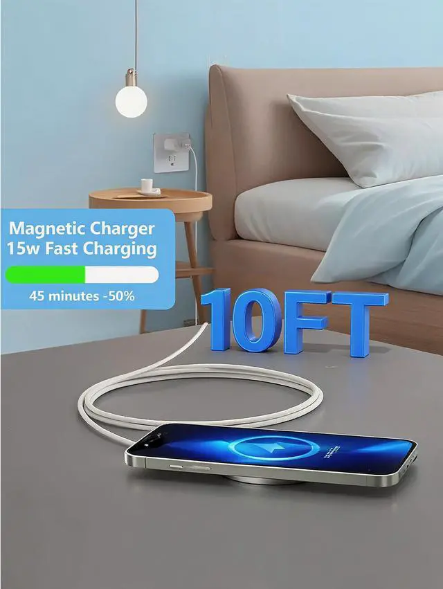 Alt view image 4 of 7 - Magnetic Wireless Charger for Apple iPhone 17/16/15/14/13/12/11/AirPods, 2-Pack Fast Charging Long Cable 10ft Magnet Pad & 2-Pack Type-c Charger Block, White