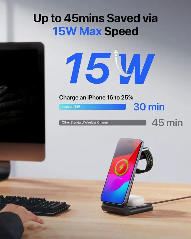 Alt view image 2 of 7 - 3 in 1 Wireless Charging Station for iPhone and Apple Watch,Fast Wireless Charger Stand,Compact Desk Charging Dock for iPhone17 16 15 14 13/Pro/Max, iWatch11 10 9 Ultra/SE 3/3,AirPods