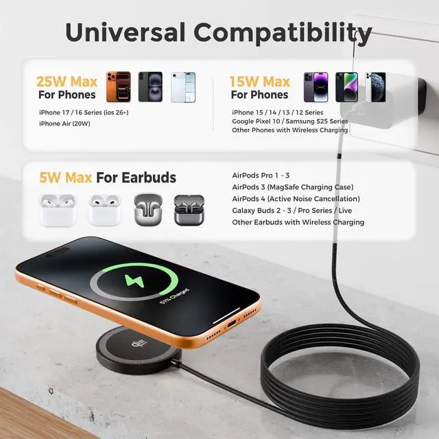 Alt view image 2 of 7 - 25W Magnetic Wireless Charging Pad: Qi2.2 Qi2 MagSafe Fast Charger for Google Pixel 10 iPhone 17 16 Pro Max 16e 15 14 13 12 AirPods & Samsung Galaxy Series Gift Ideal for Desk & Travel (Black, 2Pack)