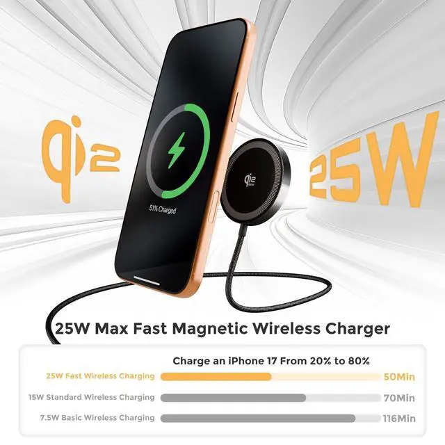 Alt view image 3 of 7 - 25W Magnetic Wireless Charging Pad: Qi2.2 Qi2 MagSafe Fast Charger for Google Pixel 10 iPhone 17 16 Pro Max 16e 15 14 13 12 AirPods & Samsung Galaxy Series Gift Ideal for Desk & Travel (Black, 2Pack)