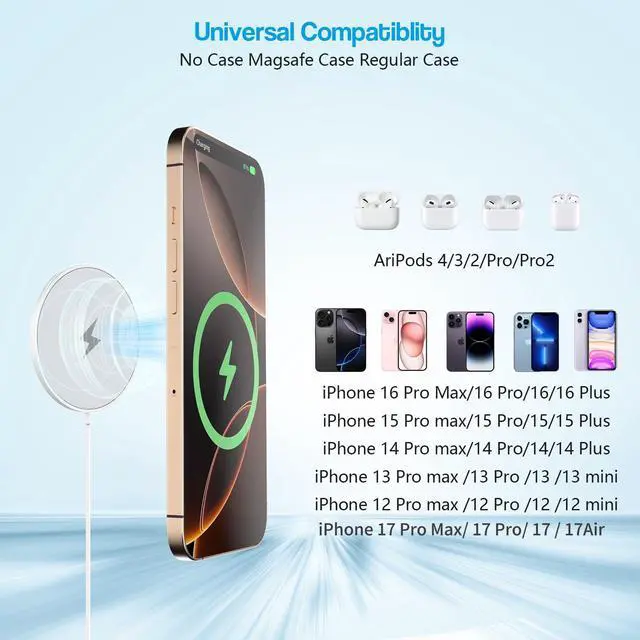 Alt view image 5 of 7 - 10FT Magnetic Wireless Charger,15W Fast Apple Mag-Safe Charger for iPhone 17/16/15 PD with USBC Apple Fast Charging Block 10Foot Quick Charge for iPhone 17/17 Air/17 16 15 Pro/Pro Max/14/13/12/AirPods