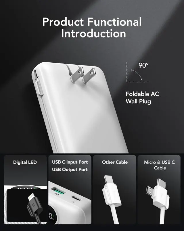 Alt view image 2 of 7 - Power Bank 20000mAh, Fast Charging Portable Charger USB C,4 Output 2 Input Travel Essentials Charging Bank Equipped with LED Display,Built-in Wall Plug and Cables,Phone Charger Battery,White