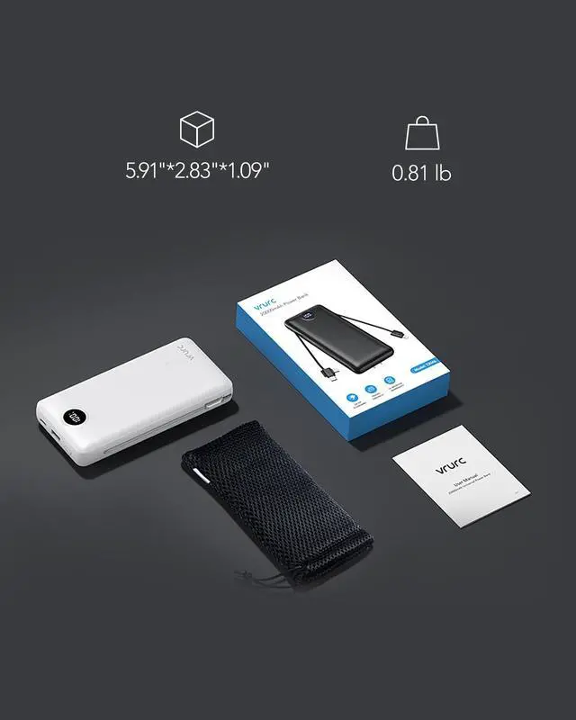 Alt view image 6 of 7 - Power Bank 20000mAh, Fast Charging Portable Charger USB C,4 Output 2 Input Travel Essentials Charging Bank Equipped with LED Display,Built-in Wall Plug and Cables,Phone Charger Battery,White