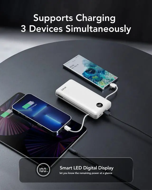 Alt view image 7 of 7 - Power Bank 20000mAh, Fast Charging Portable Charger USB C,4 Output 2 Input Travel Essentials Charging Bank Equipped with LED Display,Built-in Wall Plug and Cables,Phone Charger Battery,White