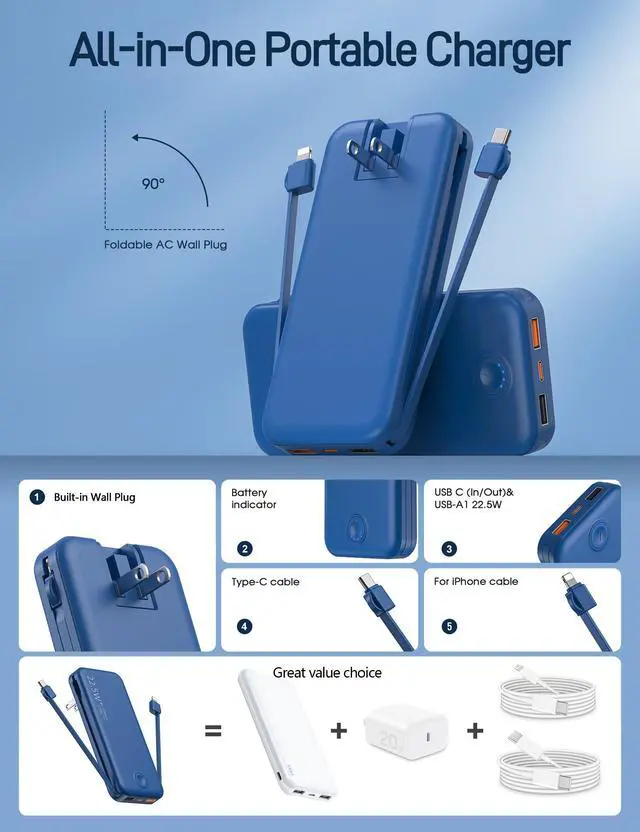 Alt view image 2 of 7 - 22.5W Super Fast Charging Portable Charger with Wall Plug,12000mAh USB-C Power Bank Built-in 2 Cable, Lightweight Phone Charger Travel Battery Pack for All iPhone, Samsung, Tablets