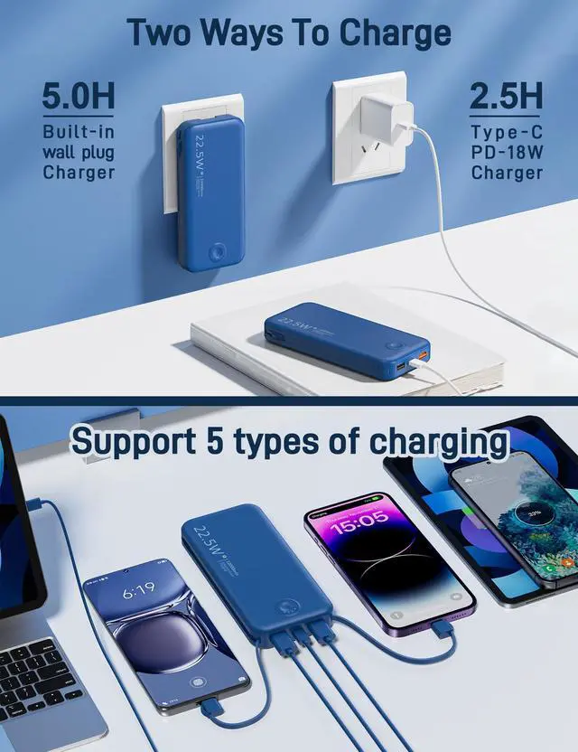 Alt view image 5 of 7 - 22.5W Super Fast Charging Portable Charger with Wall Plug,12000mAh USB-C Power Bank Built-in 2 Cable, Lightweight Phone Charger Travel Battery Pack for All iPhone, Samsung, Tablets