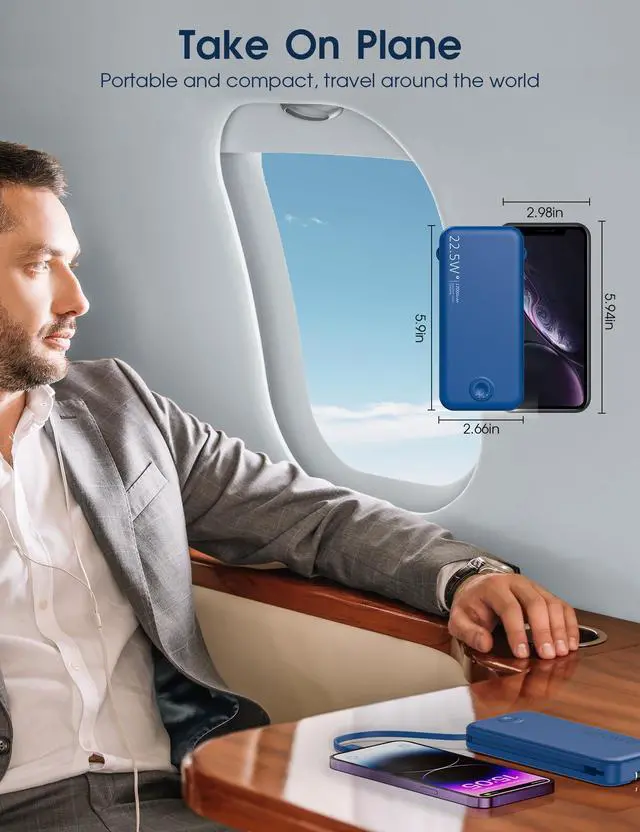 Alt view image 7 of 7 - 22.5W Super Fast Charging Portable Charger with Wall Plug,12000mAh USB-C Power Bank Built-in 2 Cable, Lightweight Phone Charger Travel Battery Pack for All iPhone, Samsung, Tablets