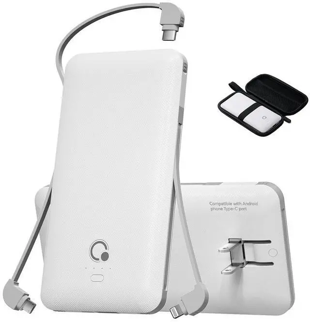 Main image of Portable Charger with Built-in Cables and AC Wall Plug,Slim USB C Power Bank 10000mAh,External Battery Pack Compatible with iPhone,Samsung,Tablet and All Smart Phones