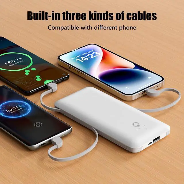 Alt view image 2 of 6 - Portable Charger with Built-in Cables and AC Wall Plug,Slim USB C Power Bank 10000mAh,External Battery Pack Compatible with iPhone,Samsung,Tablet and All Smart Phones
