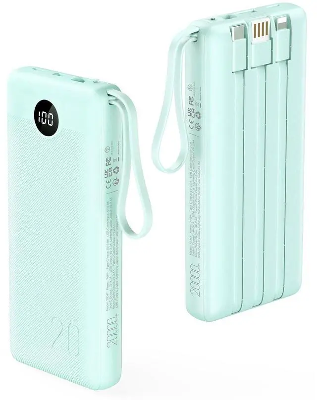 Main image of Portable Charger 20000mAh, Built-in Cables Fast Charging Power Bank, PD QC 3.0 Travel Essentials Battery Pack, 4 Output & 2 Input Phone Charger for iPhone16 15 14 13 X, Samsung, Android-Green