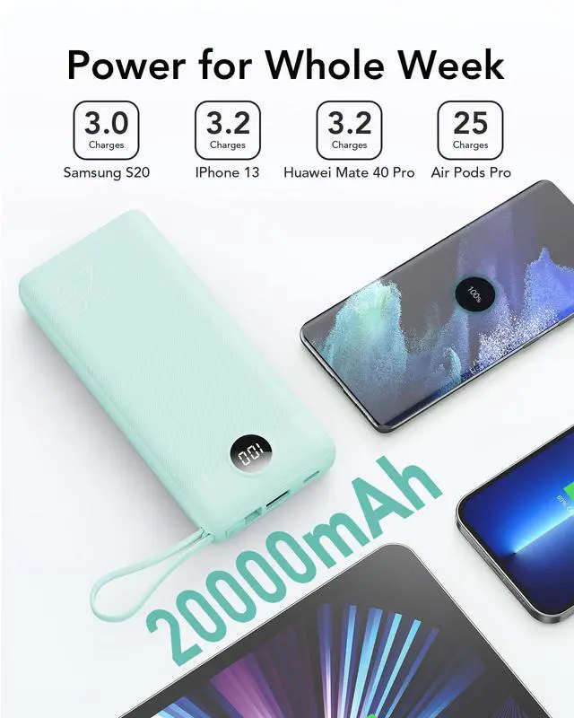 Alt view image 2 of 7 - Portable Charger 20000mAh, Built-in Cables Fast Charging Power Bank, PD QC 3.0 Travel Essentials Battery Pack, 4 Output & 2 Input Phone Charger for iPhone16 15 14 13 X, Samsung, Android-Green