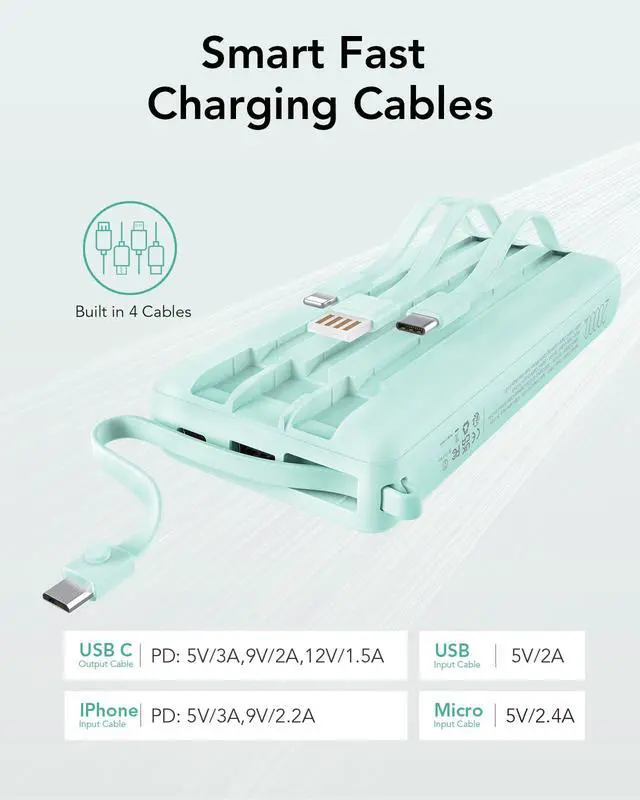 Alt view image 3 of 7 - Portable Charger 20000mAh, Built-in Cables Fast Charging Power Bank, PD QC 3.0 Travel Essentials Battery Pack, 4 Output & 2 Input Phone Charger for iPhone16 15 14 13 X, Samsung, Android-Green