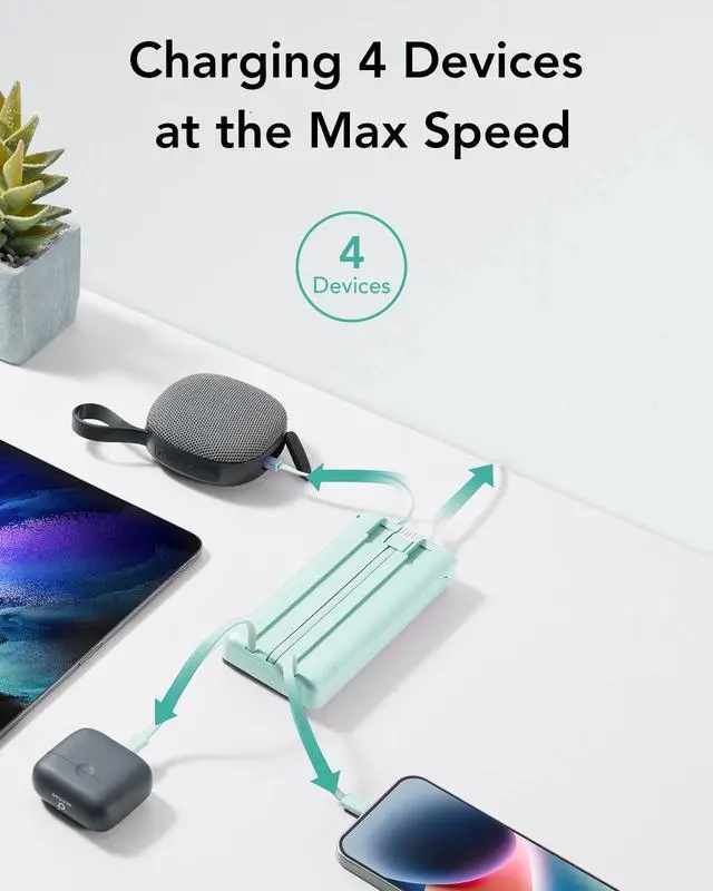 Alt view image 5 of 7 - Portable Charger 20000mAh, Built-in Cables Fast Charging Power Bank, PD QC 3.0 Travel Essentials Battery Pack, 4 Output & 2 Input Phone Charger for iPhone16 15 14 13 X, Samsung, Android-Green