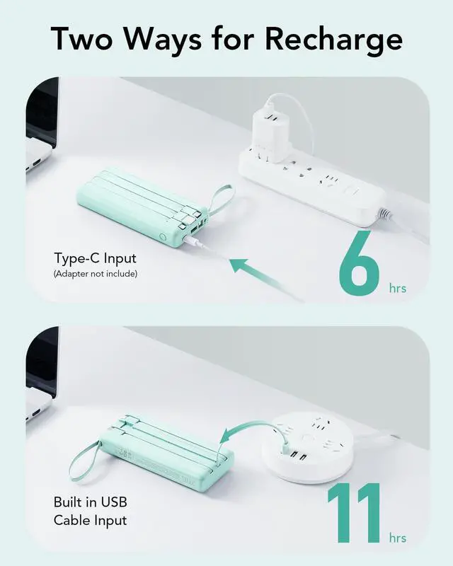 Alt view image 6 of 7 - Portable Charger 20000mAh, Built-in Cables Fast Charging Power Bank, PD QC 3.0 Travel Essentials Battery Pack, 4 Output & 2 Input Phone Charger for iPhone16 15 14 13 X, Samsung, Android-Green