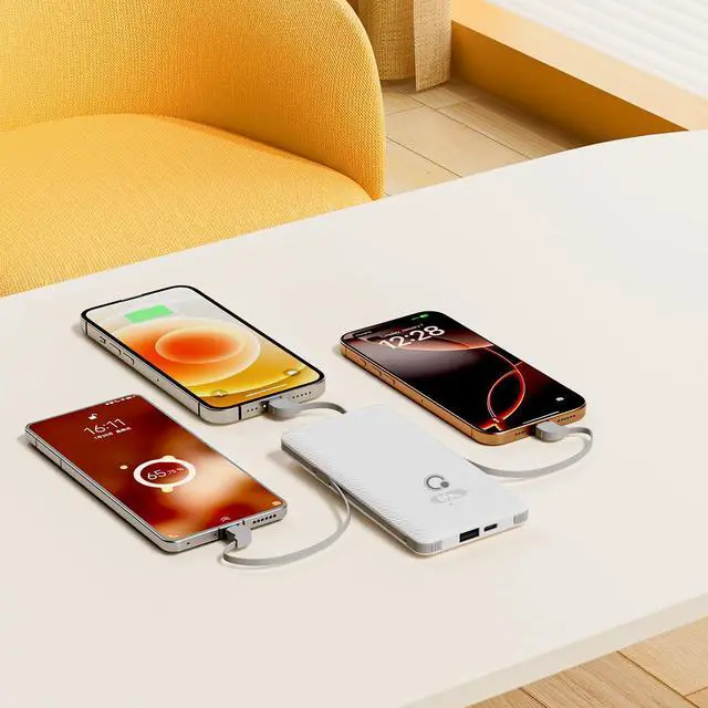 Alt view image 3 of 6 - 10000mAh Portable Charger with Built-in Cables and AC Wall Plug, USB C Fast Charging Power Bank with 3 Cords,5 Output External Battery Pack Compatible with iPhone,Tablet and All Smart Phones