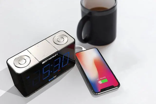 Alt view image 7 of 7 - CKS1507 Smartset Radio Alarm Clock, 1.4" Blue LED Digital Display, USB Charging Port, Brightness Dimmer Controls, Bluetooth Connectivity, Set Alarm to Radio, Music, or Buzzer, Black