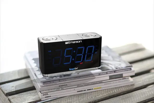 Alt view image 6 of 7 - CKS1507 Smartset Radio Alarm Clock, 1.4" Blue LED Digital Display, USB Charging Port, Brightness Dimmer Controls, Bluetooth Connectivity, Set Alarm to Radio, Music, or Buzzer, Black
