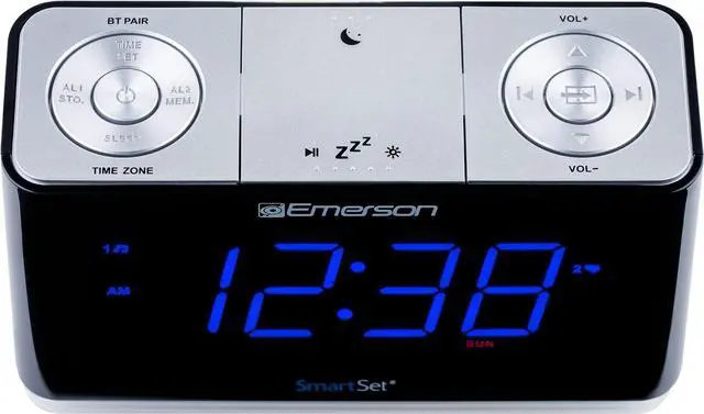 Alt view image 3 of 7 - CKS1507 Smartset Radio Alarm Clock, 1.4" Blue LED Digital Display, USB Charging Port, Brightness Dimmer Controls, Bluetooth Connectivity, Set Alarm to Radio, Music, or Buzzer, Black