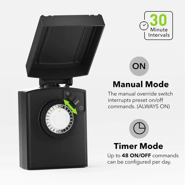 Alt view image 3 of 7 - 24 Hour Heavy Duty Mechanical Timer, Outdoor Timer Outlet Waterproof with 30 Minutes Intervals, 2 Grounded Outlets for Christmas Lights Pool Pump,15A 1/2HP, ETL Listed