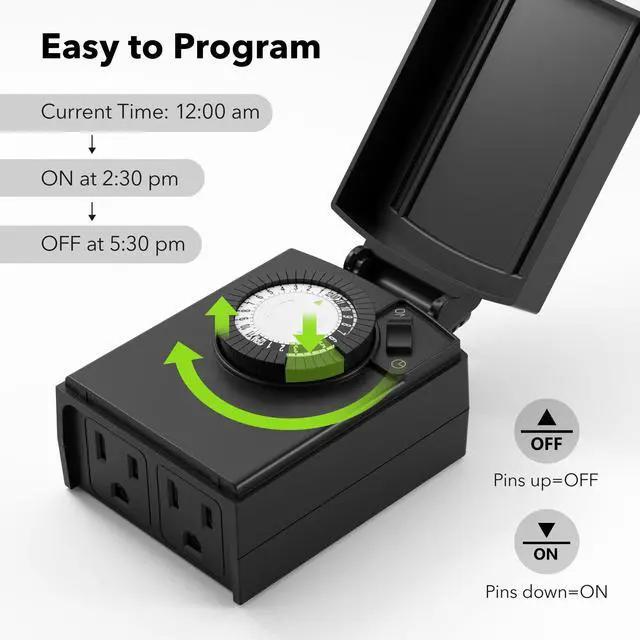 Alt view image 4 of 7 - 24 Hour Heavy Duty Mechanical Timer, Outdoor Timer Outlet Waterproof with 30 Minutes Intervals, 2 Grounded Outlets for Christmas Lights Pool Pump,15A 1/2HP, ETL Listed