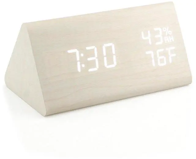 Main image of Wooden Alarm Clock, Wood Alarm Clock Smart LED Digital Clock for Bedroom/desks, Upgraded with Time Temperature, Adjustable Brightness and Voice Control, Humidity Displaying - White