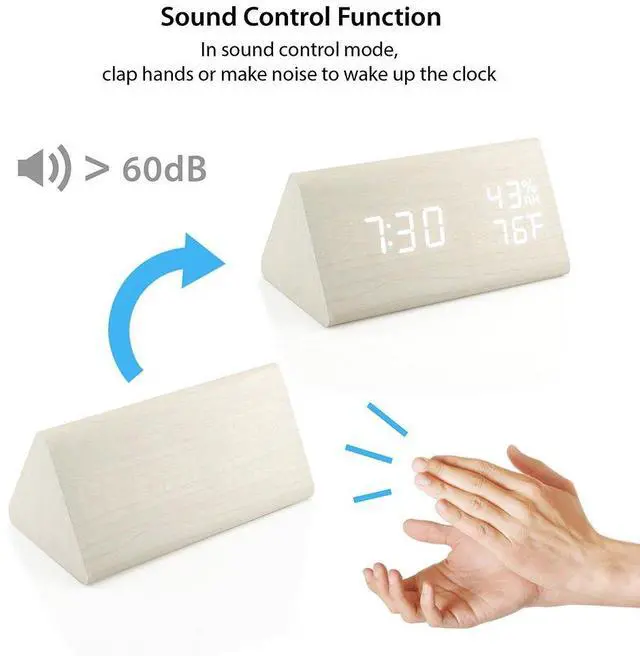 Alt view image 5 of 7 - Wooden Alarm Clock, Wood Alarm Clock Smart LED Digital Clock for Bedroom/desks, Upgraded with Time Temperature, Adjustable Brightness and Voice Control, Humidity Displaying - White
