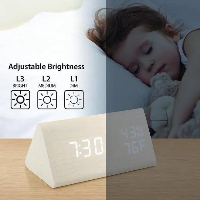 Alt view image 6 of 7 - Wooden Alarm Clock, Wood Alarm Clock Smart LED Digital Clock for Bedroom/desks, Upgraded with Time Temperature, Adjustable Brightness and Voice Control, Humidity Displaying - White