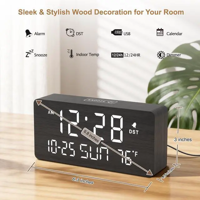 Alt view image 2 of 7 - Wooden Digital Alarm Clocks for Bedrooms - Living Room Desk Clock with Date and Day of Week, Temperature, USB Port, Dimmer Wheel, Adjustable Volume, Auto DST, Wood Decor for Office Table