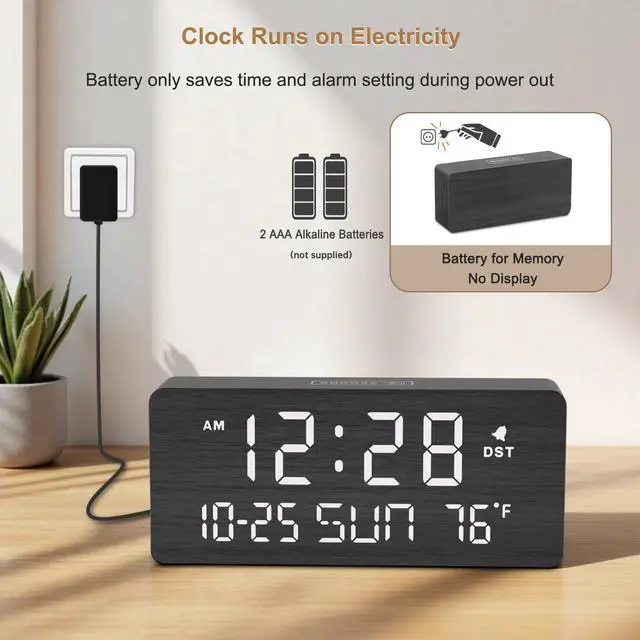 Alt view image 3 of 7 - Wooden Digital Alarm Clocks for Bedrooms - Living Room Desk Clock with Date and Day of Week, Temperature, USB Port, Dimmer Wheel, Adjustable Volume, Auto DST, Wood Decor for Office Table