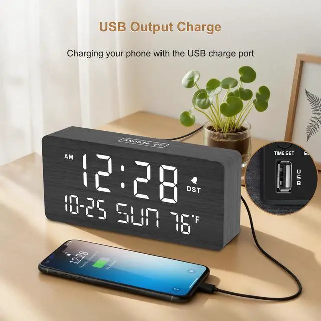 Alt view image 6 of 7 - Wooden Digital Alarm Clocks for Bedrooms - Living Room Desk Clock with Date and Day of Week, Temperature, USB Port, Dimmer Wheel, Adjustable Volume, Auto DST, Wood Decor for Office Table