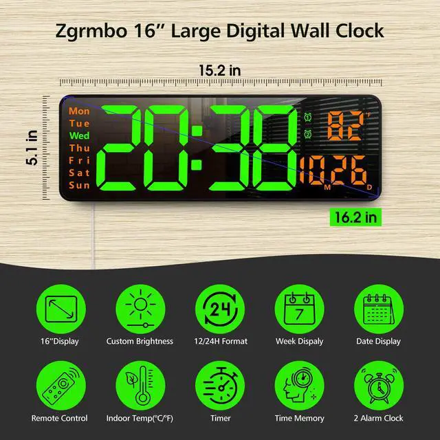 Alt view image 2 of 5 - 16" Digital Wall Clock with Remote Control, Large Digital Clock with Date, Week, Temperature, Alarm, Timer, Electric Wall Clock for Living Room, Bedroom, Decor, Gift for Elderly