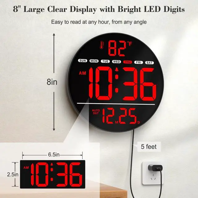 Alt view image 2 of 7 - Large Digital Wall Clock with LED Display, Electric Wall Clock with Temperature, Auto DST, Date, and Day, 5-Level Brightness for Office, Bedroom, Living Room, Classroom Décor