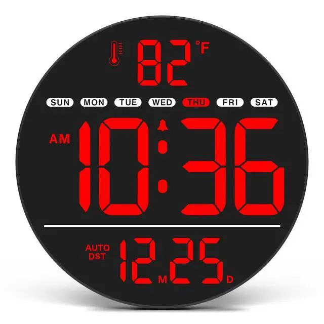 Main image of Large Digital Wall Clock with LED Display, Electric Wall Clock with Temperature, Auto DST, Date, and Day, 5-Level Brightness for Office, Bedroom, Living Room, Classroom Décor
