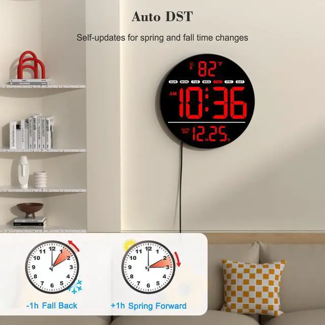 Alt view image 4 of 7 - Large Digital Wall Clock with LED Display, Electric Wall Clock with Temperature, Auto DST, Date, and Day, 5-Level Brightness for Office, Bedroom, Living Room, Classroom Décor