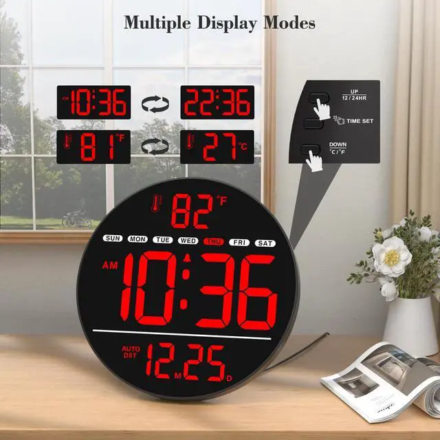 Alt view image 5 of 7 - Large Digital Wall Clock with LED Display, Electric Wall Clock with Temperature, Auto DST, Date, and Day, 5-Level Brightness for Office, Bedroom, Living Room, Classroom Décor