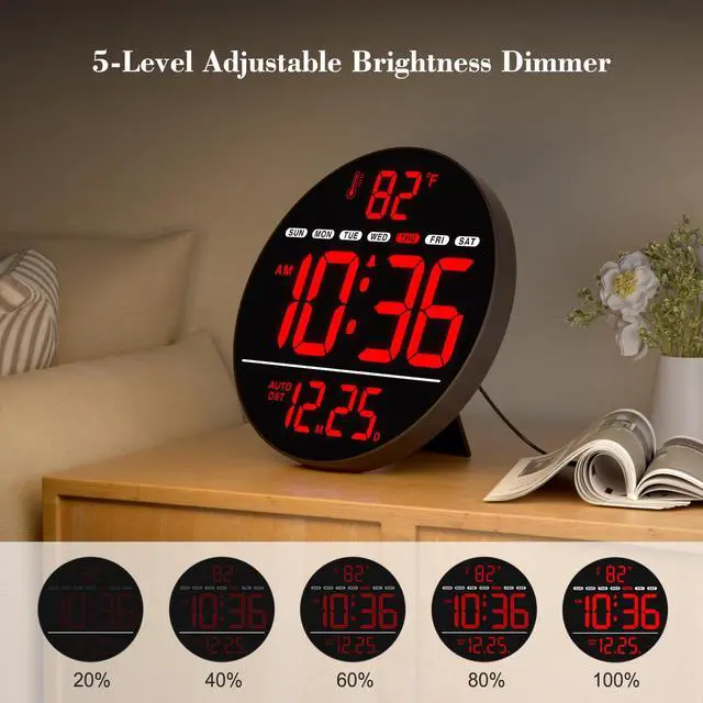 Alt view image 3 of 7 - Large Digital Wall Clock with LED Display, Electric Wall Clock with Temperature, Auto DST, Date, and Day, 5-Level Brightness for Office, Bedroom, Living Room, Classroom Décor