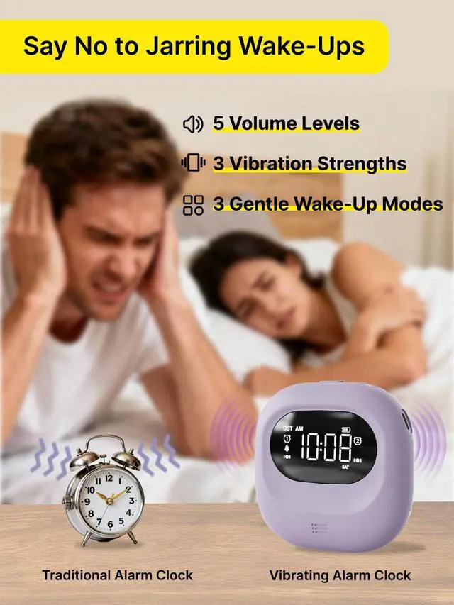 Alt view image 3 of 7 - Vibrating Alarm Clock for Heavy Sleepers, Rechargeable 3000mah Portable Deaf Clock Bed Shaker for Bedroom Or Dorm, Dual Alarm 160-Day Standby Mini Alarm Clock for Teens, Adults, Purple