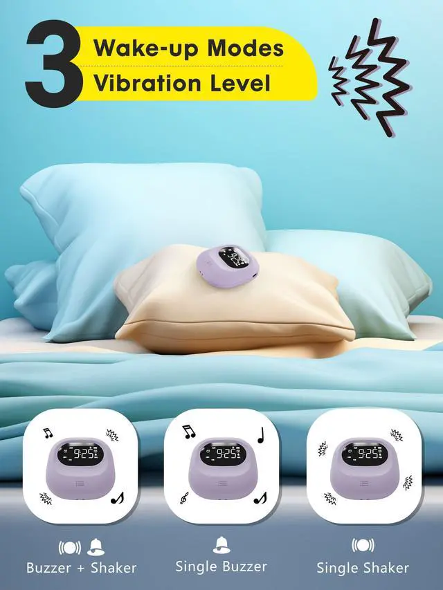 Alt view image 4 of 7 - Vibrating Alarm Clock for Heavy Sleepers, Rechargeable 3000mah Portable Deaf Clock Bed Shaker for Bedroom Or Dorm, Dual Alarm 160-Day Standby Mini Alarm Clock for Teens, Adults, Purple