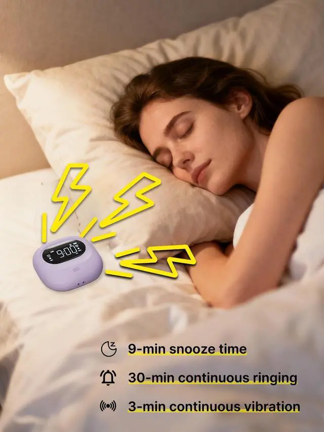 Alt view image 6 of 7 - Vibrating Alarm Clock for Heavy Sleepers, Rechargeable 3000mah Portable Deaf Clock Bed Shaker for Bedroom Or Dorm, Dual Alarm 160-Day Standby Mini Alarm Clock for Teens, Adults, Purple