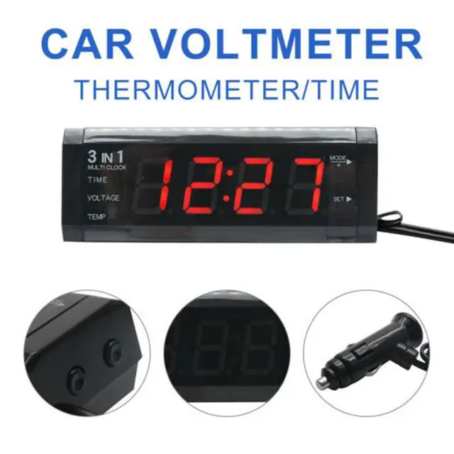 Alt view image 2 of 7 - Car Temperature Clock, Car Clock 12V 3 in 1 Thermometers, Voltmeter Gauge Electronic Clock LED Digital Display LCD Screen, Red Light