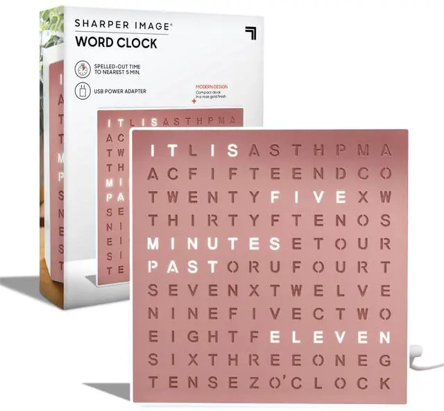 Main image of LED Word Digital Clock, 7.75", Rose Gold Finish, Light-Up Desk & Wall Clock, Modern Time Display, Shelf or Wall Decor for Home Office, Living Room, Kitchen & Bedroom, Housewarming Gift